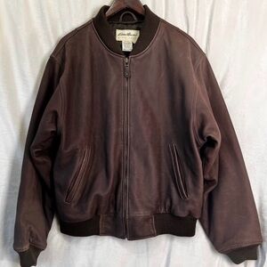Vintage Eddie Bauer Brown Leather Bomber Jacket Mens Medium Cropped Quilt Lined